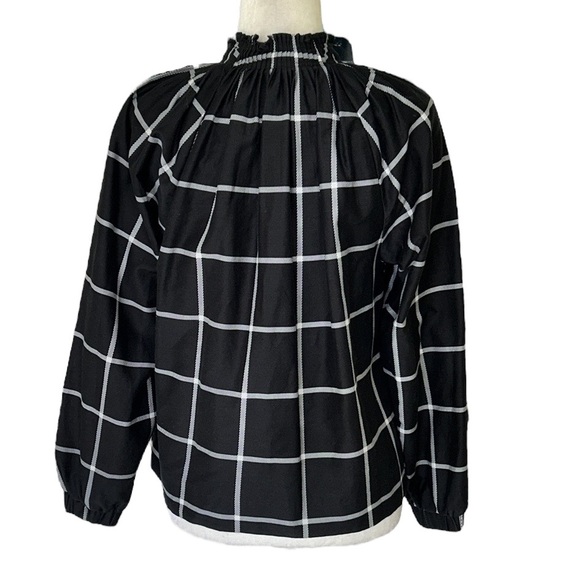 Marie Oliver Silk Black & White Plaid Windowpane Printed Ruffle Neck Blouse - S - Picture 9 of 14